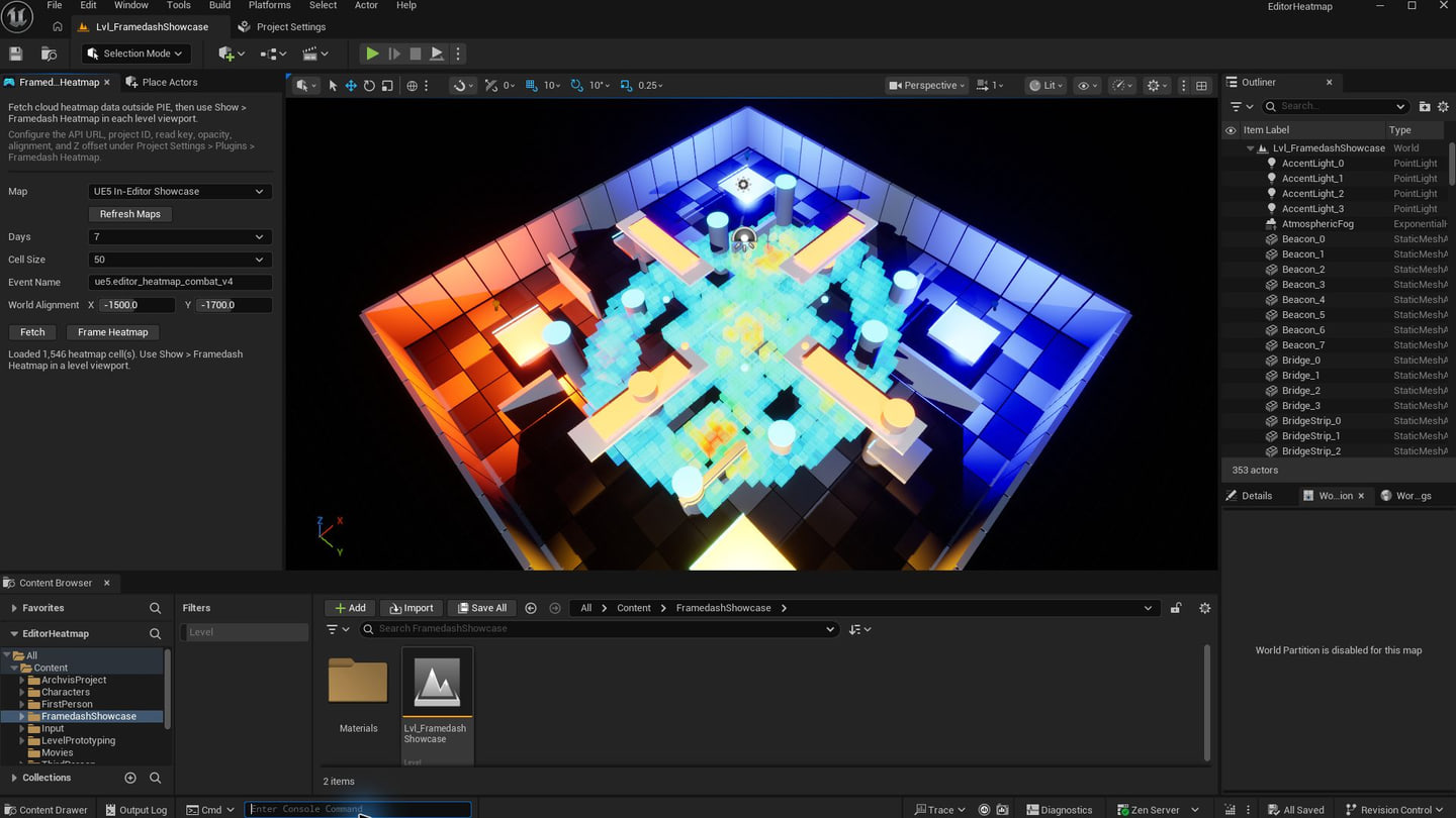 Unreal Engine 5 の Framedash Heatmap 取得パネルと、3D ボクセルを表示したレベルビューポート