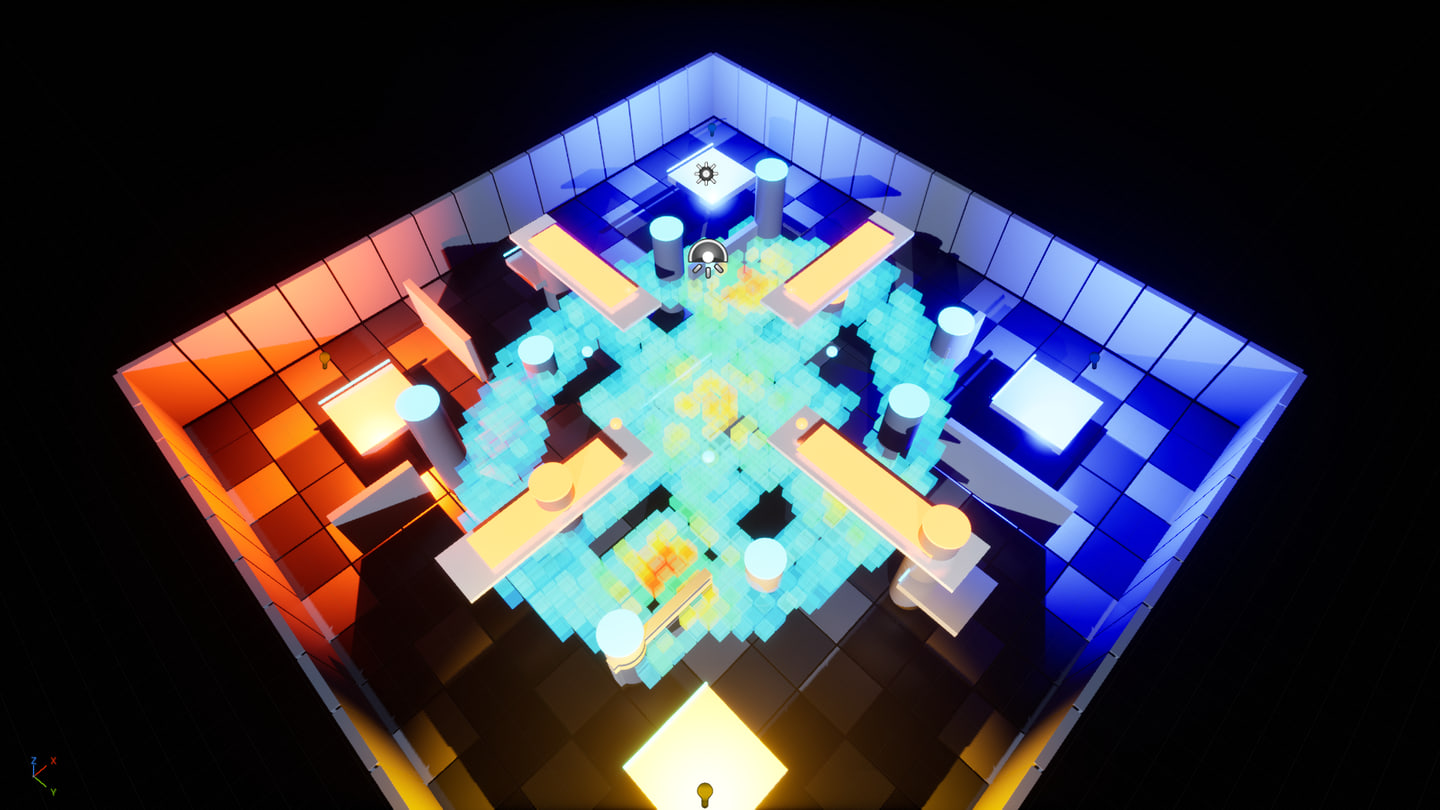 Unreal Engine 5 のレベルビューポートに、半透明の 3D ヒートマップが重ねて表示されている